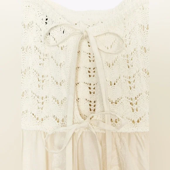 Zara Contrasting Embroidered Knit Dress Cotton Blend Tie Back NWT L Cottagecore - Picture 2 of 13
